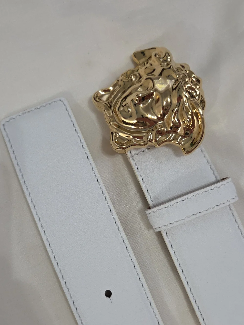 Versace White Leather Belt with Gold 3D Medusa Buckle